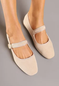 Beżowe Balerinki w Stylu Mary Jane z Imitacji Zamszu Lisalira