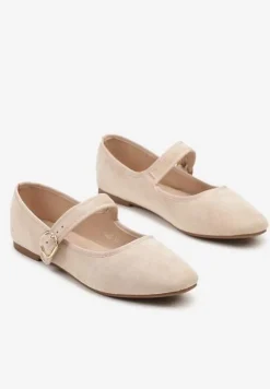 Beżowe Balerinki w Stylu Mary Jane z Imitacji Zamszu Lisalira
