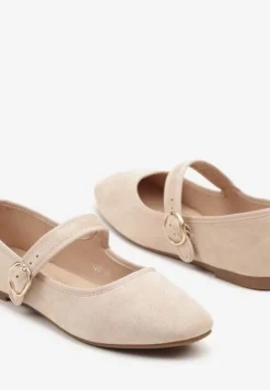 Beżowe Balerinki w Stylu Mary Jane z Imitacji Zamszu Lisalira
