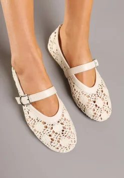 Beżowe Balerinki w Stylu Mary Jane z Ażurową Cholewką Ridissea