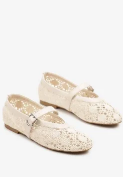 Beżowe Balerinki w Stylu Mary Jane z Ażurową Cholewką Ridissea