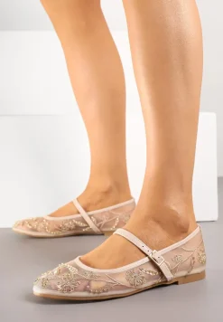 Beżowe Balerinki w Stylu Mary Jane z Siateczki w Kwiatowy Wzór Kosantia