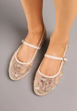Beżowe Balerinki w Stylu Mary Jane z Siateczki w Kwiatowy Wzór Kosantia