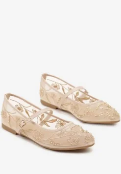 Beżowe Balerinki w Stylu Mary Jane z Siateczki w Kwiatowy Wzór Kosantia