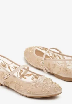 Beżowe Balerinki w Stylu Mary Jane z Siateczki w Kwiatowy Wzór Kosantia