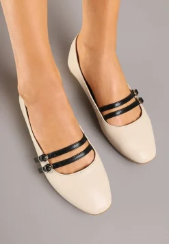 Beżowe Balerinki w Stylu Mary Jane z Paseczkami Davinara