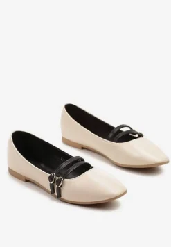 Beżowe Balerinki w Stylu Mary Jane z Paseczkami Davinara