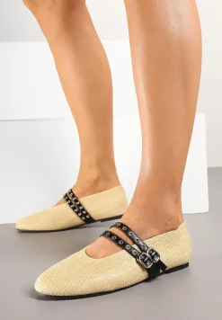 Beżowe Balerinki z Tweedowym Akcentem i Dwiem Sprzączkami Gavirna