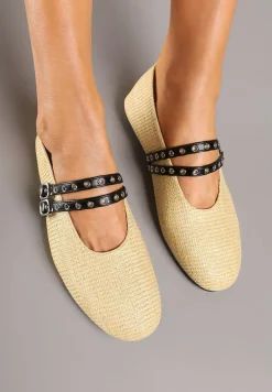 Beżowe Balerinki z Tweedowym Akcentem i Dwiem Sprzączkami Gavirna