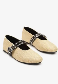 Beżowe Balerinki z Tweedowym Akcentem i Dwiem Sprzączkami Gavirna