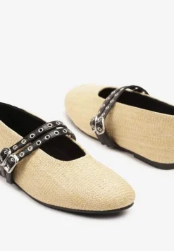 Beżowe Balerinki z Tweedowym Akcentem i Dwiem Sprzączkami Gavirna