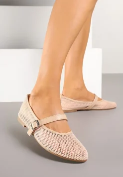 Beżowe Balerinki z Drobnej Siateczki z Paskiem Soldexia