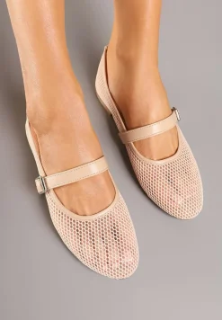 Beżowe Balerinki z Drobnej Siateczki z Paskiem Soldexia