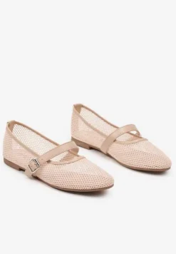 Beżowe Balerinki z Drobnej Siateczki z Paskiem Soldexia
