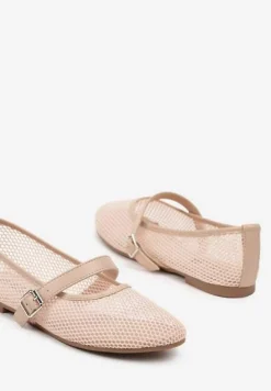 Beżowe Balerinki z Drobnej Siateczki z Paskiem Soldexia