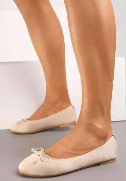 Beżowe Balerinki z Imitacji Zamszu i Ozdobną Kokardką Ammanne