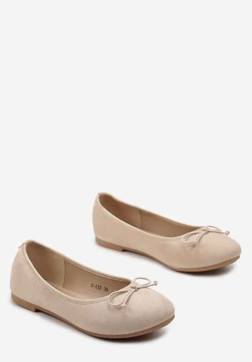 Beżowe Balerinki z Imitacji Zamszu i Ozdobną Kokardką Ammanne