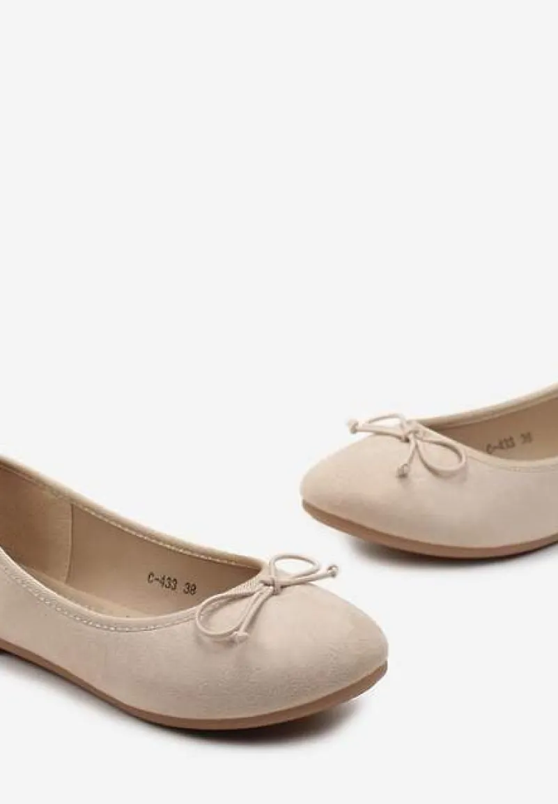 Beżowe Balerinki z Imitacji Zamszu i Ozdobną Kokardką Ammanne