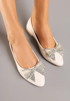 Beżowe Balerinki z Kokardą i Cyrkoniami Marintis