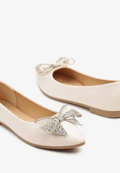 Beżowe Balerinki z Kokardą i Cyrkoniami Marintis