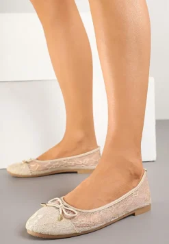 Beżowe Balerinki z Koronkową Cholewką i Kokardą Ulidisa