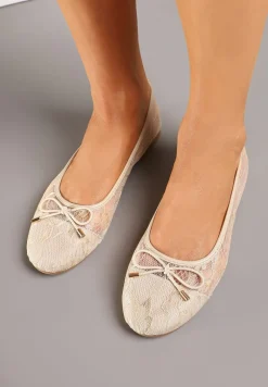 Beżowe Balerinki z Koronkową Cholewką i Kokardą Ulidisa
