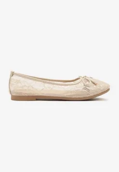 Beżowe Balerinki z Koronkową Cholewką i Kokardą Ulidisa
