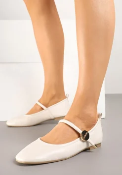 Beżowe Balerinki z Kwadratowym Noskiem i Ozdobnym Paskiem Firmio