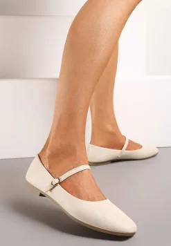 Beżowe Balerinki z Paskiem i Smukłym Kwadratowym Noskiem Rosafay