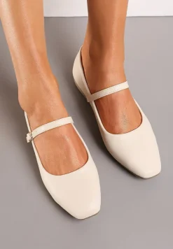 Beżowe Balerinki z Paskiem i Smukłym Kwadratowym Noskiem Rosafay