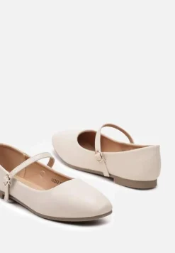 Beżowe Balerinki z Paskiem i Smukłym Kwadratowym Noskiem Rosafay