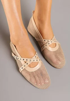 Beżowe Balerinki z Siateczki z Ozdobnymi Paskami z Klamerką Aceriora