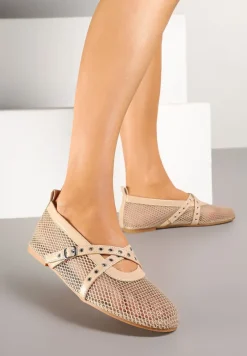 Beżowe Balerinki z Siateczki z Ozdobnymi Paskami z Klamerką Aceriora