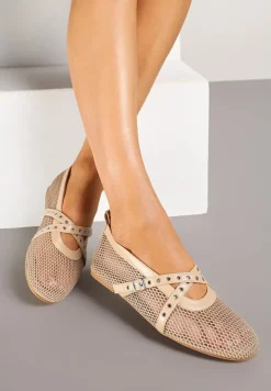 Beżowe Balerinki z Siateczki z Ozdobnymi Paskami z Klamerką Aceriora