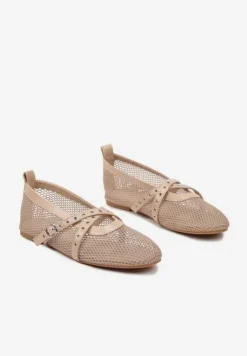 Beżowe Balerinki z Siateczki z Ozdobnymi Paskami z Klamerką Aceriora