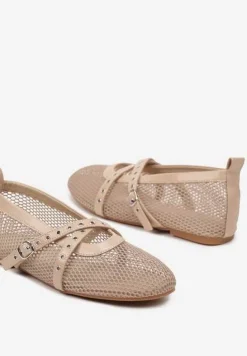 Beżowe Balerinki z Siateczki z Ozdobnymi Paskami z Klamerką Aceriora