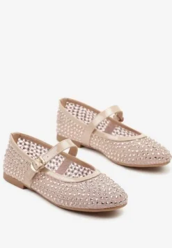Beżowe Balerinki z Siateczkową Cholewką z Cyrkoniami Adislena