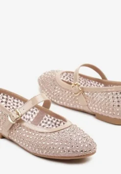 Beżowe Balerinki z Siateczkową Cholewką z Cyrkoniami Adislena