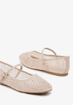 Beżowe Balerinki z Siateczki Ozdobione Cyrkoniami Felorwia