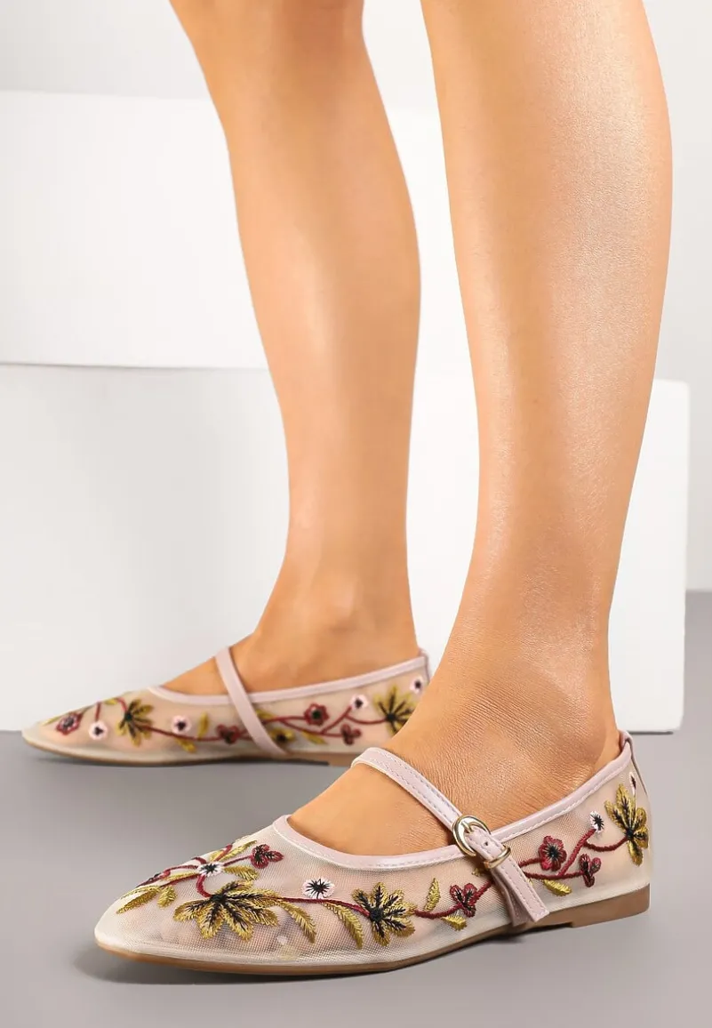 Beżowe Balerinki z Siateczki w Stylu Mary Jane Zdobione Kwiatowym Haftem Nitelissa