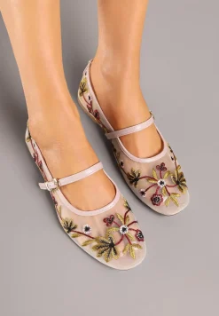 Beżowe Balerinki z Siateczki w Stylu Mary Jane Zdobione Kwiatowym Haftem Nitelissa