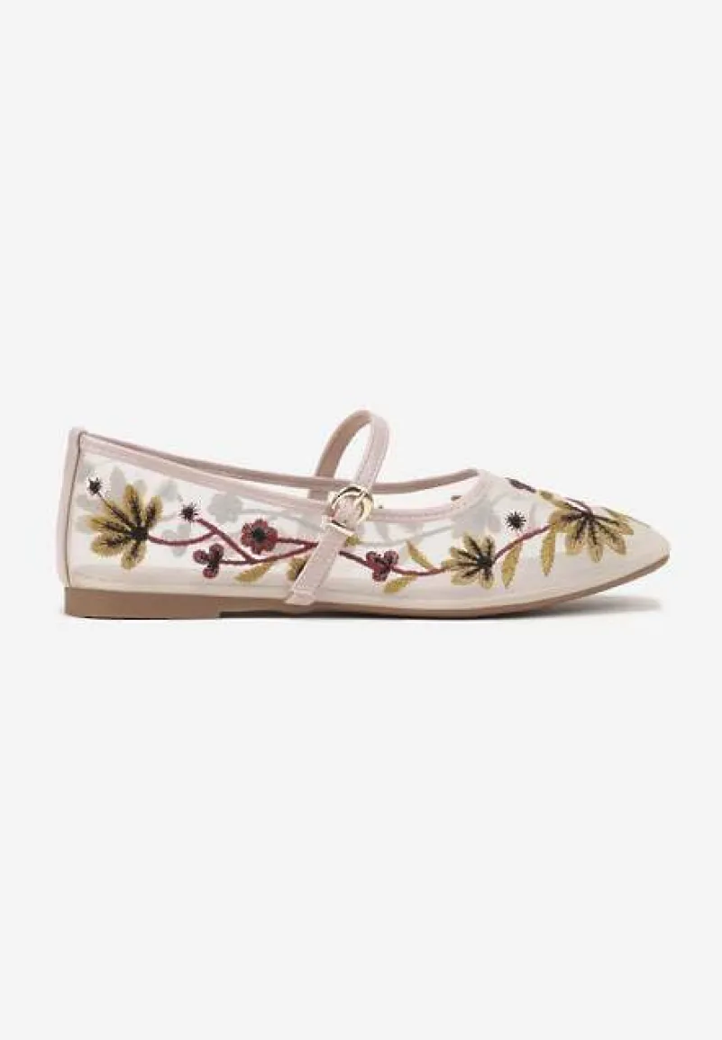 Beżowe Balerinki z Siateczki w Stylu Mary Jane Zdobione Kwiatowym Haftem Nitelissa