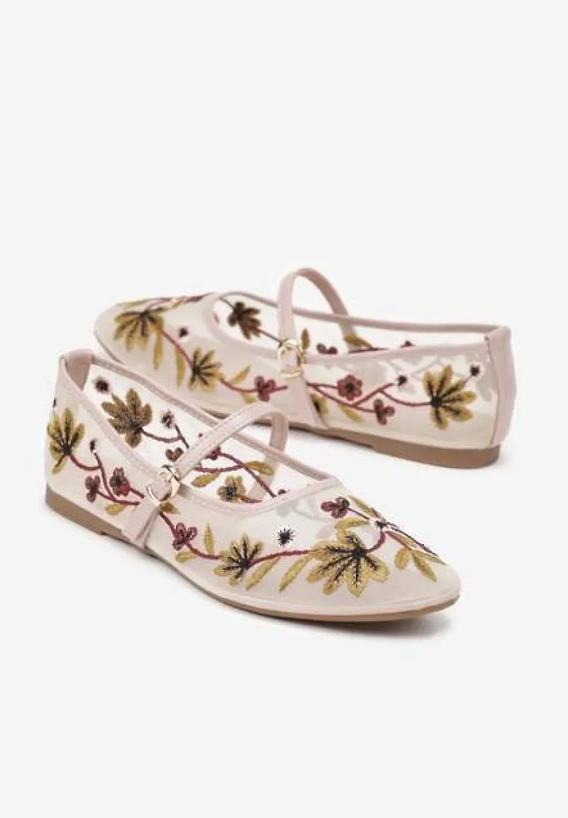 Beżowe Balerinki z Siateczki w Stylu Mary Jane Zdobione Kwiatowym Haftem Nitelissa