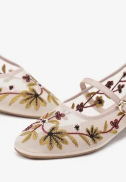 Beżowe Balerinki z Siateczki w Stylu Mary Jane Zdobione Kwiatowym Haftem Nitelissa