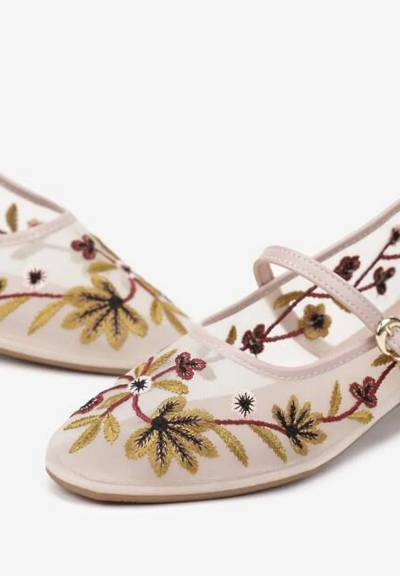 Beżowe Balerinki z Siateczki w Stylu Mary Jane Zdobione Kwiatowym Haftem Nitelissa