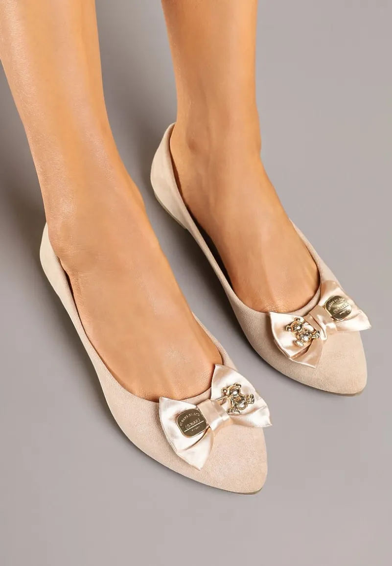 Beżowe Balerinki z Wkładką ze Skóry Naturalnej Ozdobione Kokardą Galunea