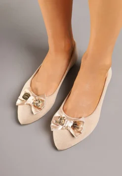 Beżowe Balerinki z Wkładką ze Skóry Naturalnej Ozdobione Kokardą Galunea