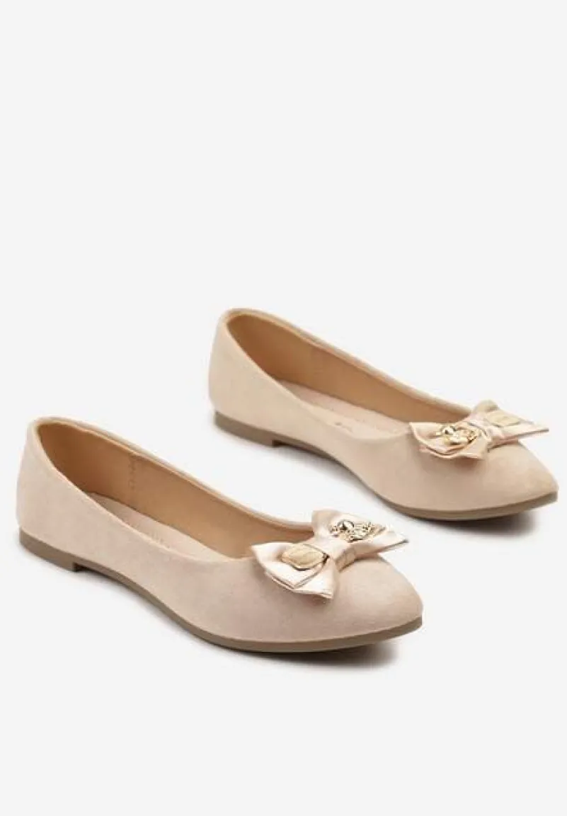 Beżowe Balerinki z Wkładką ze Skóry Naturalnej Ozdobione Kokardą Galunea