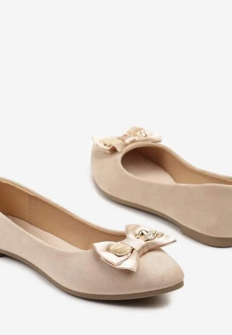 Beżowe Balerinki z Wkładką ze Skóry Naturalnej Ozdobione Kokardą Galunea