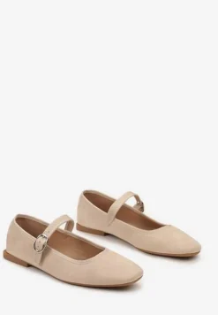 Beżowe Balerinki z Zapięciem na Sprzączkę i Kwadratowym Noskiem Loratie